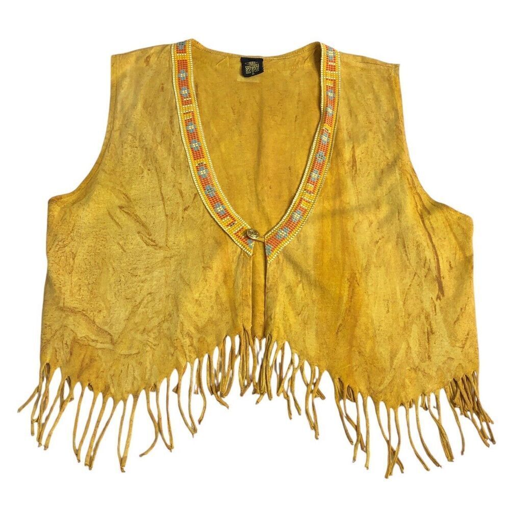 Factory Artwear Top Vest Womens XL Native‎ Aztec Southwestern Fringe Button 90s